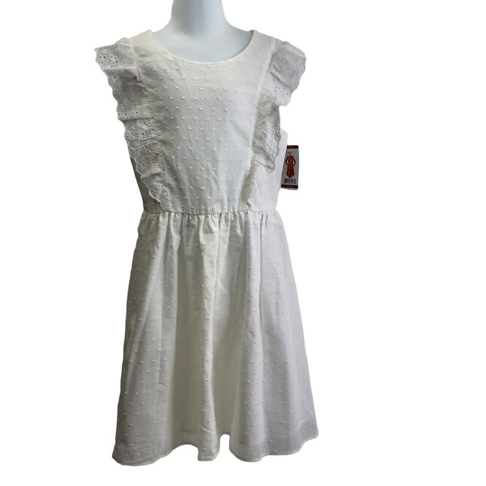 ZUNIE GIRL WHITE RUFFLE SLLEVE EYELET‎ DRESS LG 10-12 NEW WITH TAG